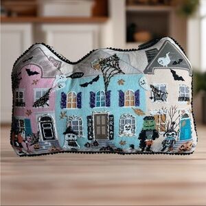 NWT EnVogue Halloween Haunted House Beaded Embroidered Pillow with Pom Pom Trim